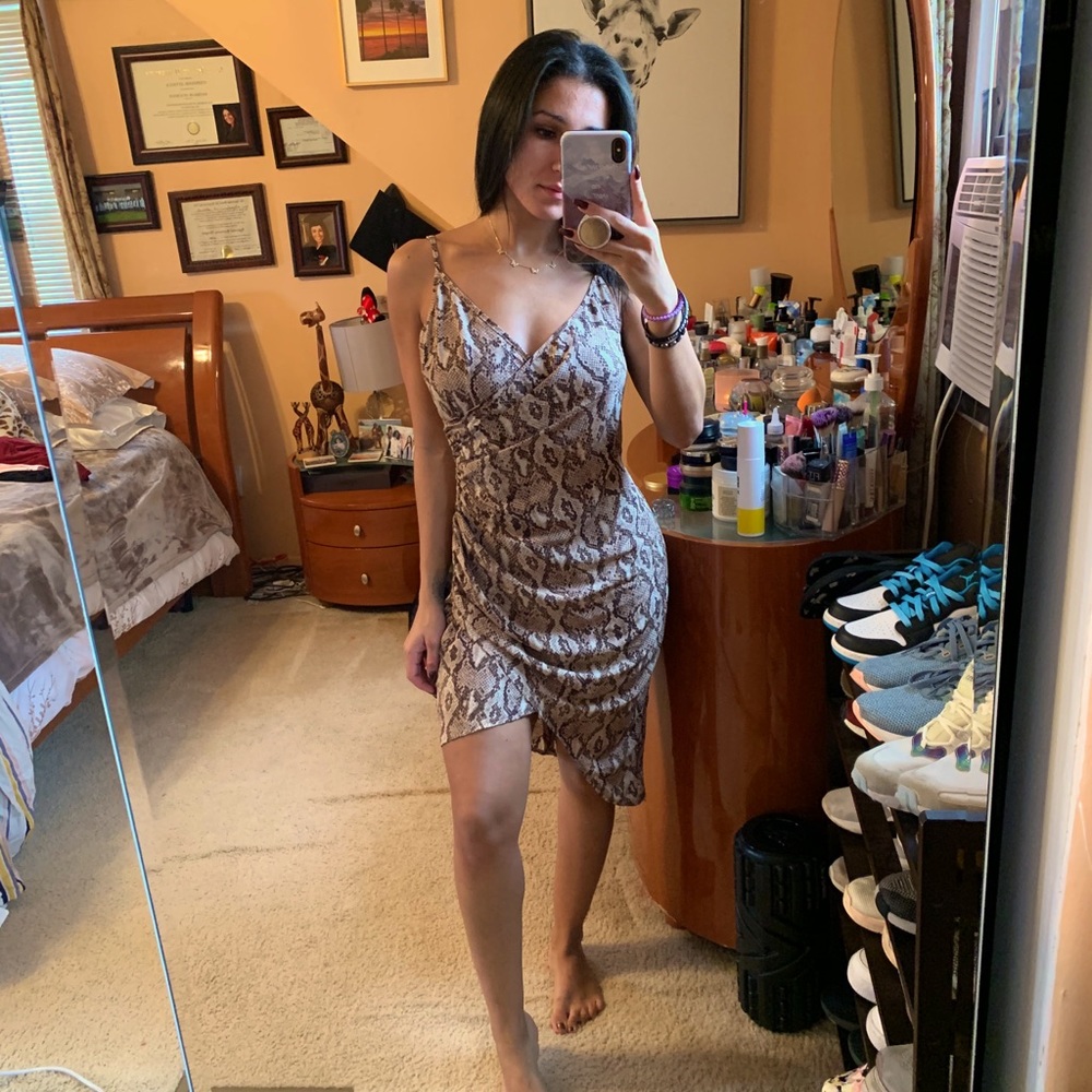Shape Taupe Snake Print Satin Wrap Dress
